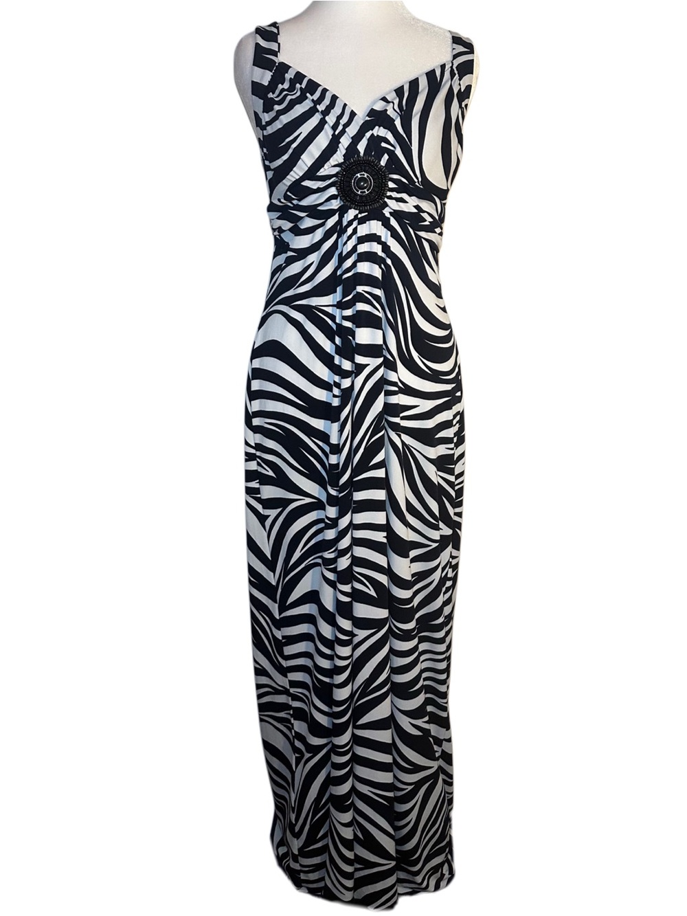 VTG Y2K Enfocus Studio Zebra Print Sleeveless Maxi Dress with Beaded Brooch